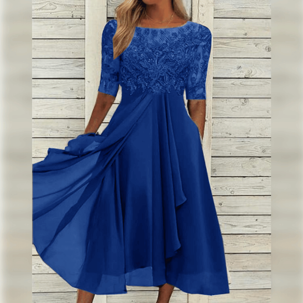 Elegantes blaues Abendkleid aus Chiffon mit Spitzenoberteil, knielang, für Damen.