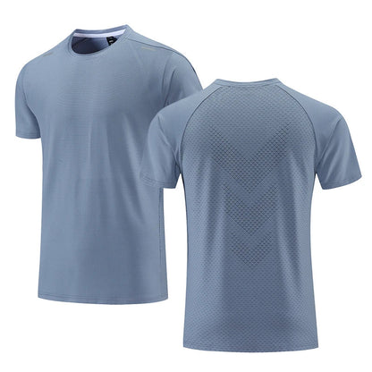 Blaues Herren-Sportshirt, atmungsaktiv, Kurzarm, feuchtigkeitsableitend, Fitnessbekleidung.
