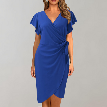 Damen Sommerkleid Blau, Wickeloptik, Kurzarm, V-Ausschnitt, Elegante Mode, Freizeitkleidung