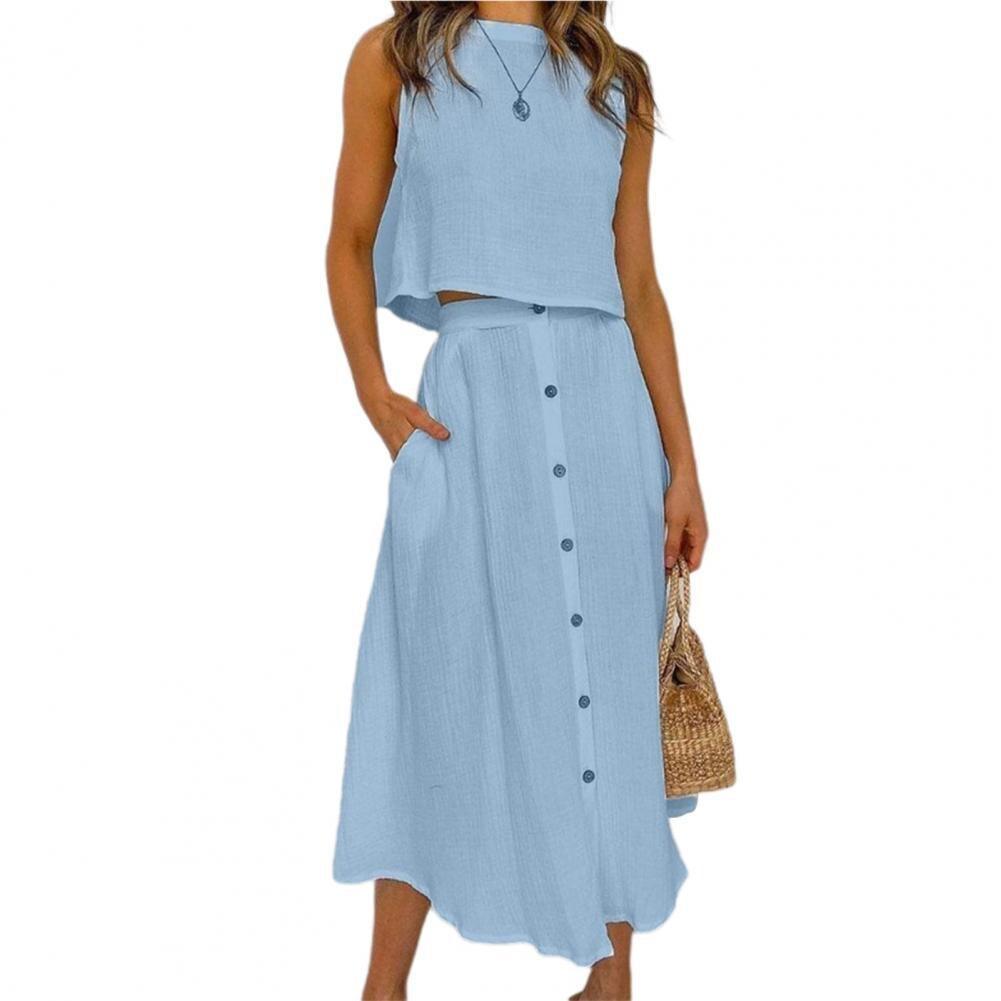 Damen Sommerkleid Set, ärmellos, hellblau, Leinen, Knopfleiste, lässig, Strandmode.