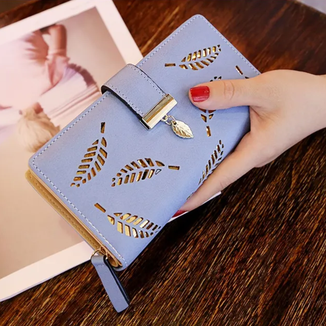 Blaue Damen-Geldbörse mit Blattmuster, Kunstleder, Reißverschluss, modisch, elegant.