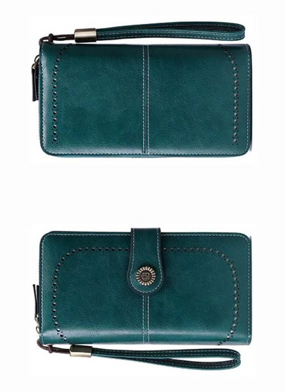 Blaue Leder-Geldbörse mit Reißverschluss und Armband, Damen-Portemonnaie, elegant, modisch.