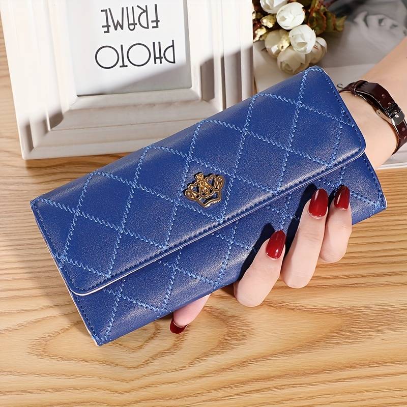 Blaue Damen-Geldbörse aus Leder mit Rautenmuster, elegantes Design, Handtaschen-Accessoire.