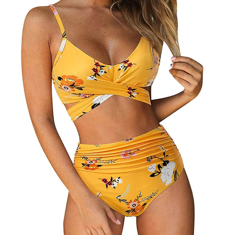 Gelber Blumen-Bikini-Set Damen, hoher Bund, Sommermode, Strandbekleidung, Badeanzug.