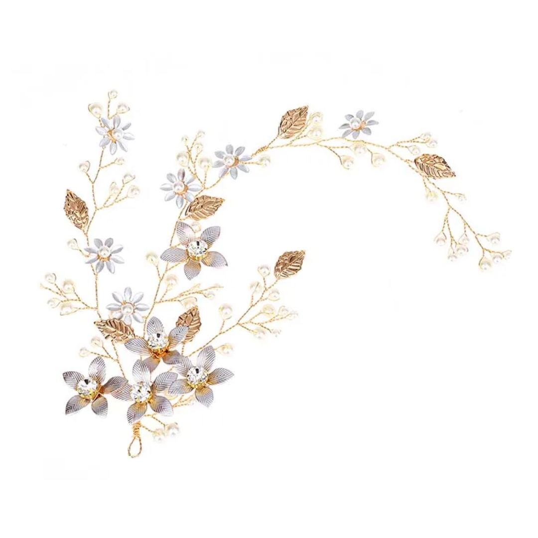Goldene und weiße Blumen-Haarspange, handgefertigt, Hochzeitsschmuck, Brautaccessoire.