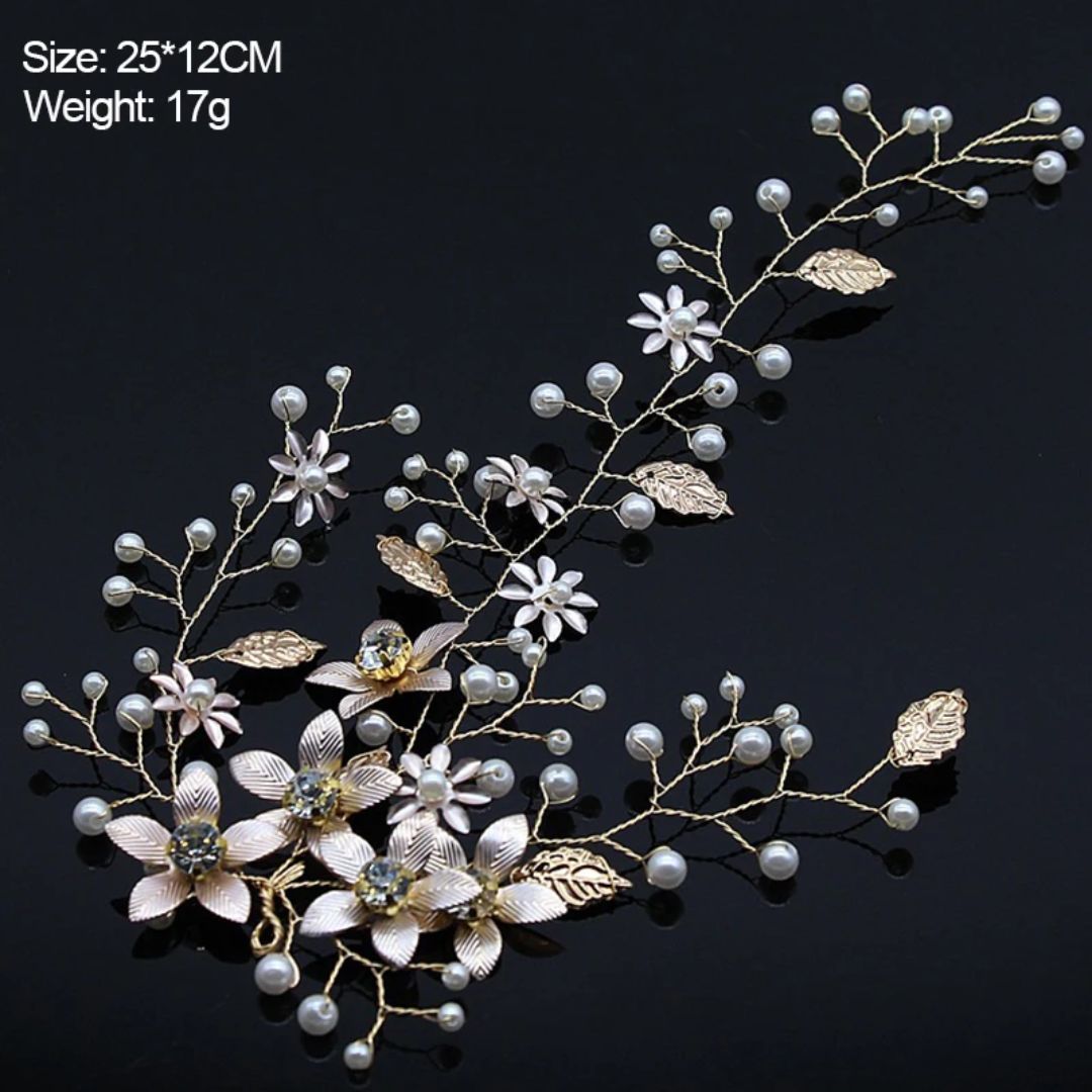 Goldene Haarspange mit Perlen und Blumen, Brautschmuck, 25x12cm, 17g, elegant, Hochzeit Accessoire.
