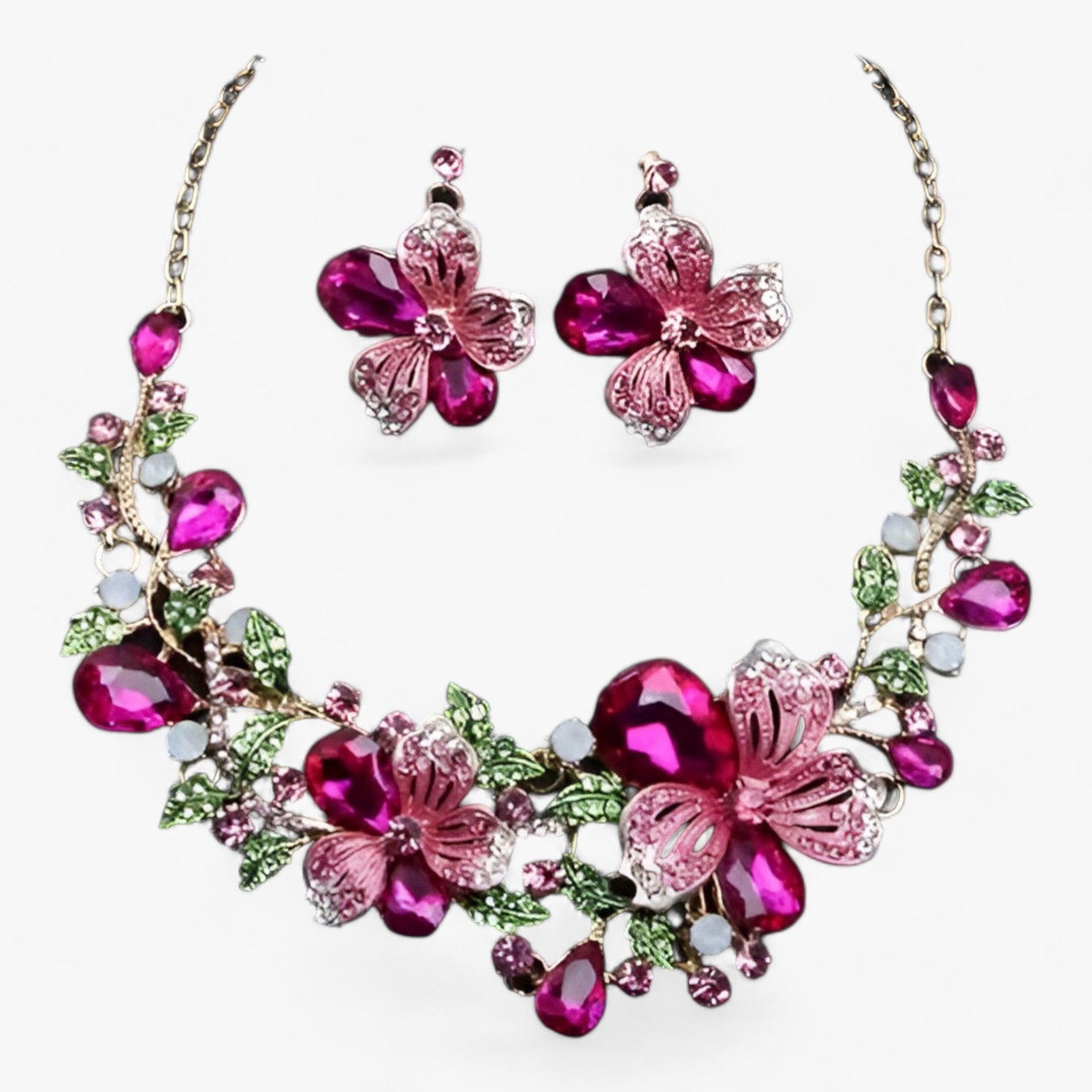 Rosa Blumen-Halskette und Ohrringe Set, Kristall, Schmuck, elegant, Damenaccessoire