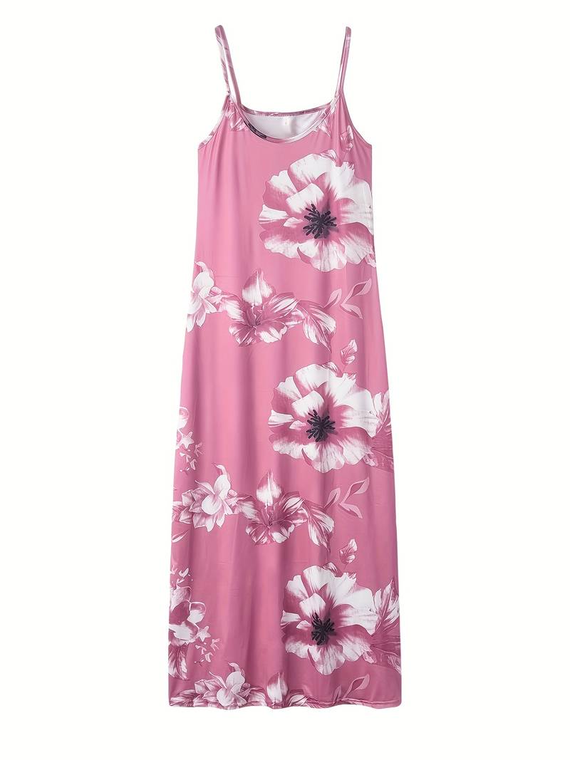 Rosa Maxikleid mit weißen Blumen, ärmellos, Sommermode, Damenbekleidung, elegant.