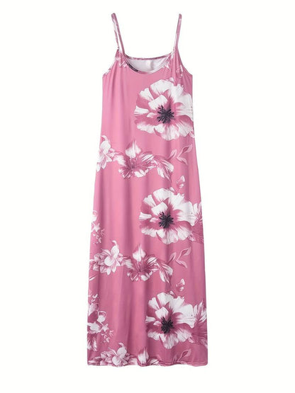 Rosa Maxikleid mit weißen Blumen, ärmellos, Sommermode, Damenbekleidung, elegant.