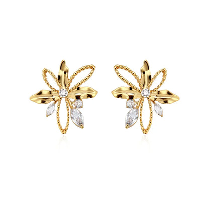 Goldene Blumenohrringe mit Kristallen, eleganter Schmuck, Damenaccessoire, modisches Design.