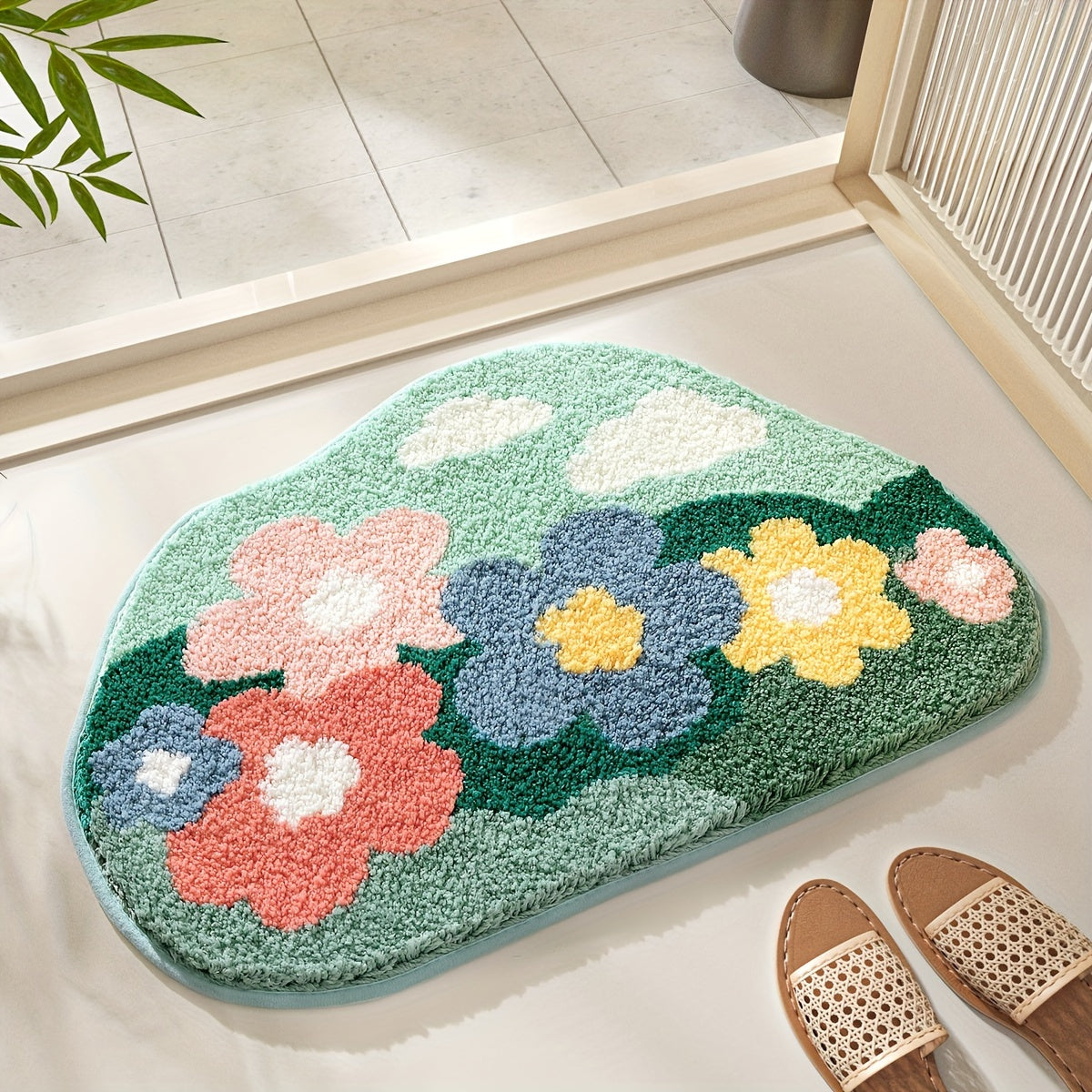 Bunter Blumen-Badteppich aus Baumwolle, rutschfest, für Badezimmer, pastellfarben.