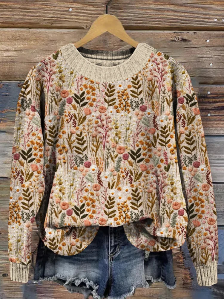 Florales Damenpullover, beige, Strick, Herbstmode, Blumenmuster, gemütlich, lässig.