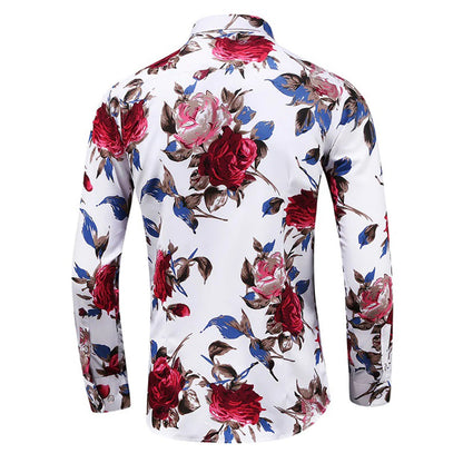 Herrenhemd mit Blumenmuster, langärmelig, weiß, rot-blaue Rosen, modisch, elegant.