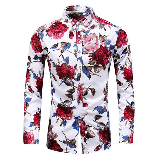 Herrenhemd mit Blumenmuster, langärmelig, weiß, rot, blau, modisch, Freizeitkleidung.