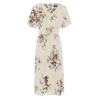 Blumenkleid Damen, beige, florales Muster, V-Ausschnitt, Sommermode, knielang, elegant