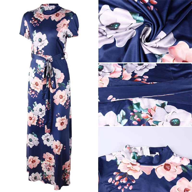 Blaues Maxikleid mit Blumenmuster, Kurzarm, Gürtel, Damenmode, Sommerkleid, elegant.