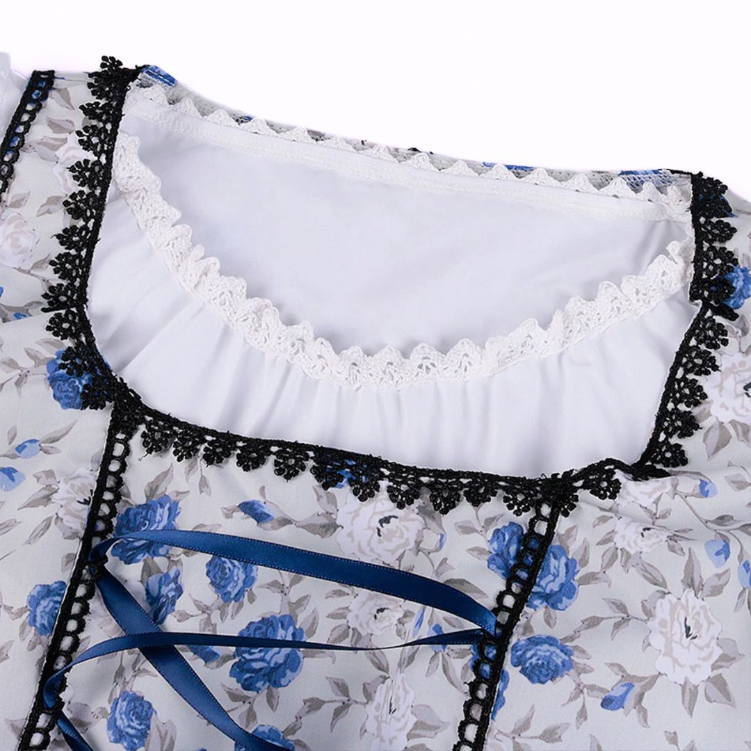 Blumenkleid mit blauem Rosenmuster, Spitzenbesatz und Schnürung, Damenmode, elegant.