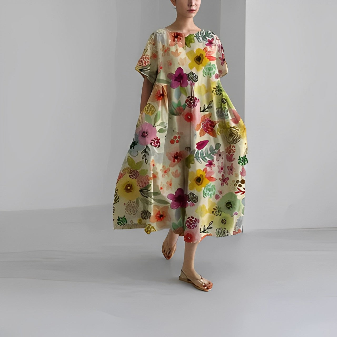 Frau in langem, geblümtem Sommerkleid, pastellfarben, barfuß, minimalistischer Hintergrund.