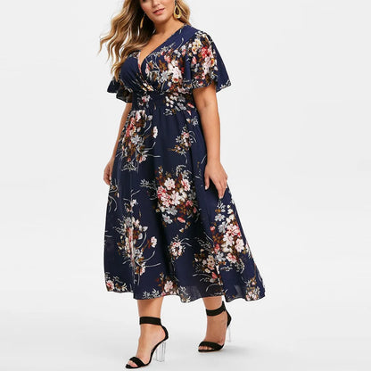 Damen Sommerkleid, blau, florales Muster, V-Ausschnitt, Kurzarm, knielang, elegant, Freizeitmode.