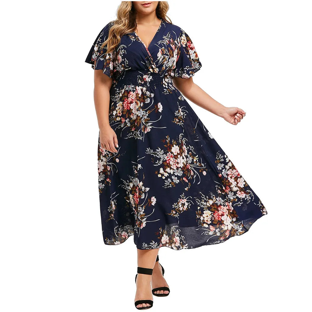Damen Sommerkleid, dunkelblau, florales Muster, V-Ausschnitt, knielang, Plus Size Mode.