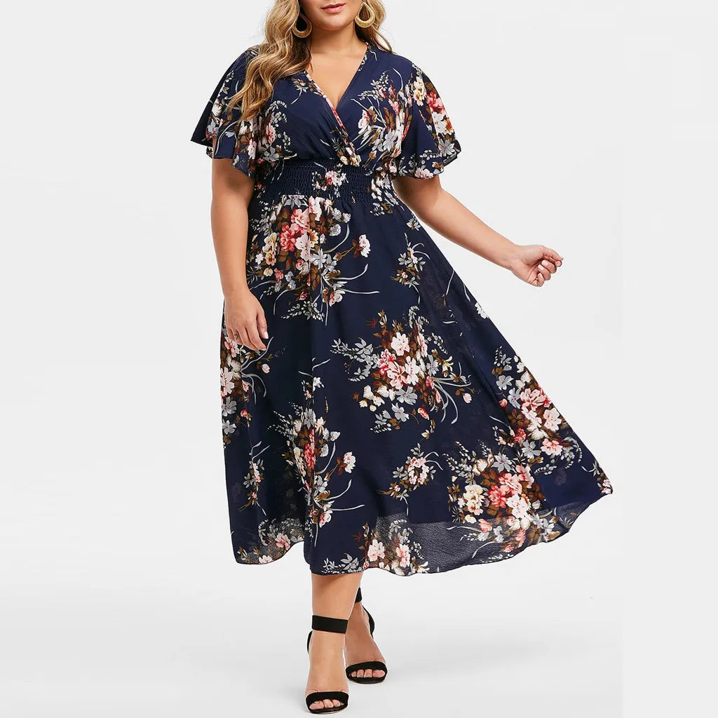 Damenkleid, dunkelblau, florales Muster, V-Ausschnitt, Sommermode, knielang, elegant