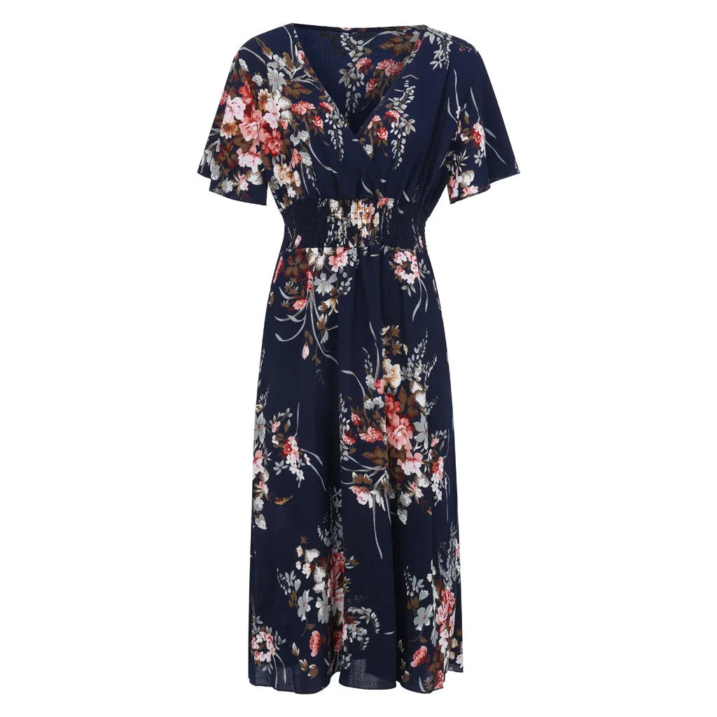 Dunkelblaues Blumenkleid, V-Ausschnitt, kurze Ärmel, Sommermode, Damenbekleidung.