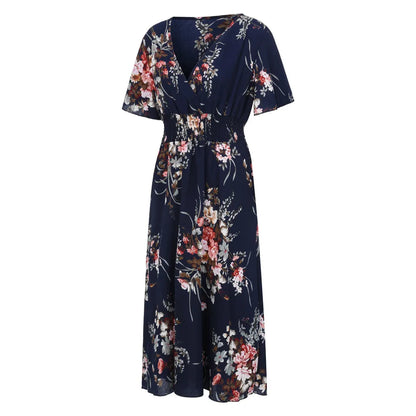 Dunkelblaues Damenkleid mit Blumenmuster, V-Ausschnitt, kurze Ärmel, Sommermode.