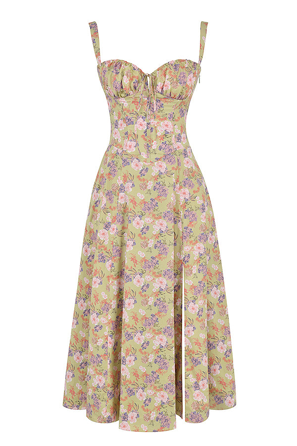 Grünes Blumenkleid mit Spaghettiträgern, Midilänge, Sommermode, Damenbekleidung.