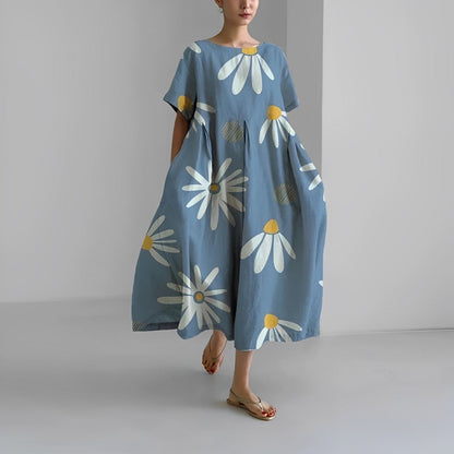 Damenkleid mit Blumenmuster, blau, kurzärmelig, lässig, Baumwolle, Herbstmode.