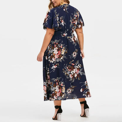 Damen Maxikleid, dunkelblau, florales Muster, Kurzarm, Sommermode, Plus Size, elegant.