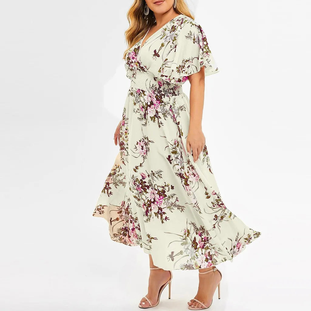 Damen Maxikleid, geblümt, weiß, V-Ausschnitt, Sommermode, elegant, Freizeitkleidung