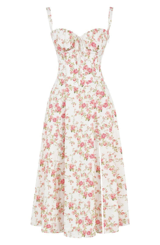 Weißes Blumenkleid mit rosa Blumenmuster, ärmellos, knielang, Sommermode Damen.