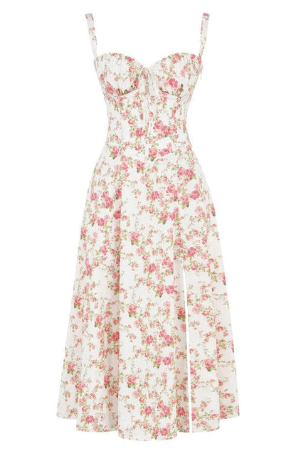 Weißes Blumenkleid mit rosa Blumenmuster, ärmellos, knielang, Sommermode Damen.