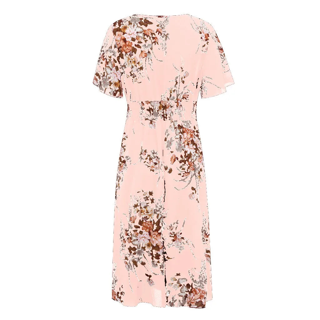 Rosa geblümtes Damenkleid, knielang, Kurzarm, Sommermode, elegantes Design.