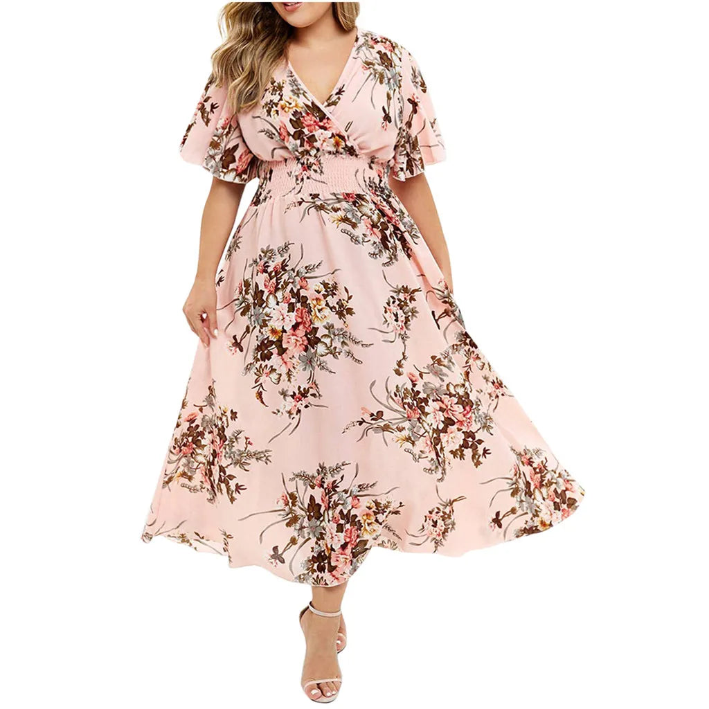 Damen Maxikleid rosa mit Blumenmuster, V-Ausschnitt, kurze Ärmel, Sommermode.