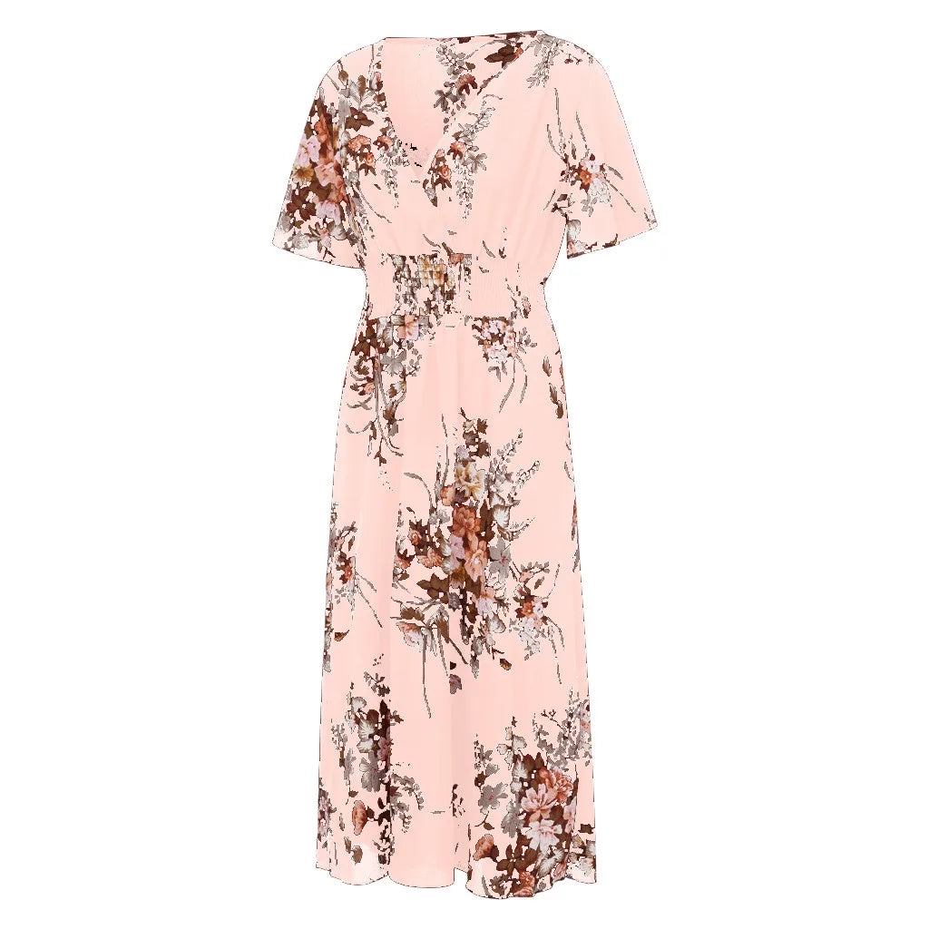 Rosa Damenkleid mit Blumenmuster, V-Ausschnitt, kurze Ärmel, Sommermode, elegant.