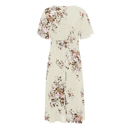 Blumenkleid Damen, beige, florales Muster, knielang, Sommermode, Kurzarm, elegantes Design