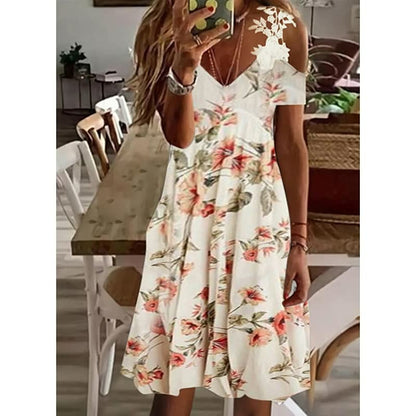 Damen Sommerkleid, weiß, florales Muster, schulterfrei, Freizeitkleidung, Baumwolle, elegant