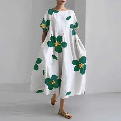 Weißes Maxikleid mit grünen Blumen, Damenmode, Sommerkleid, lässig, elegant, Baumwolle.