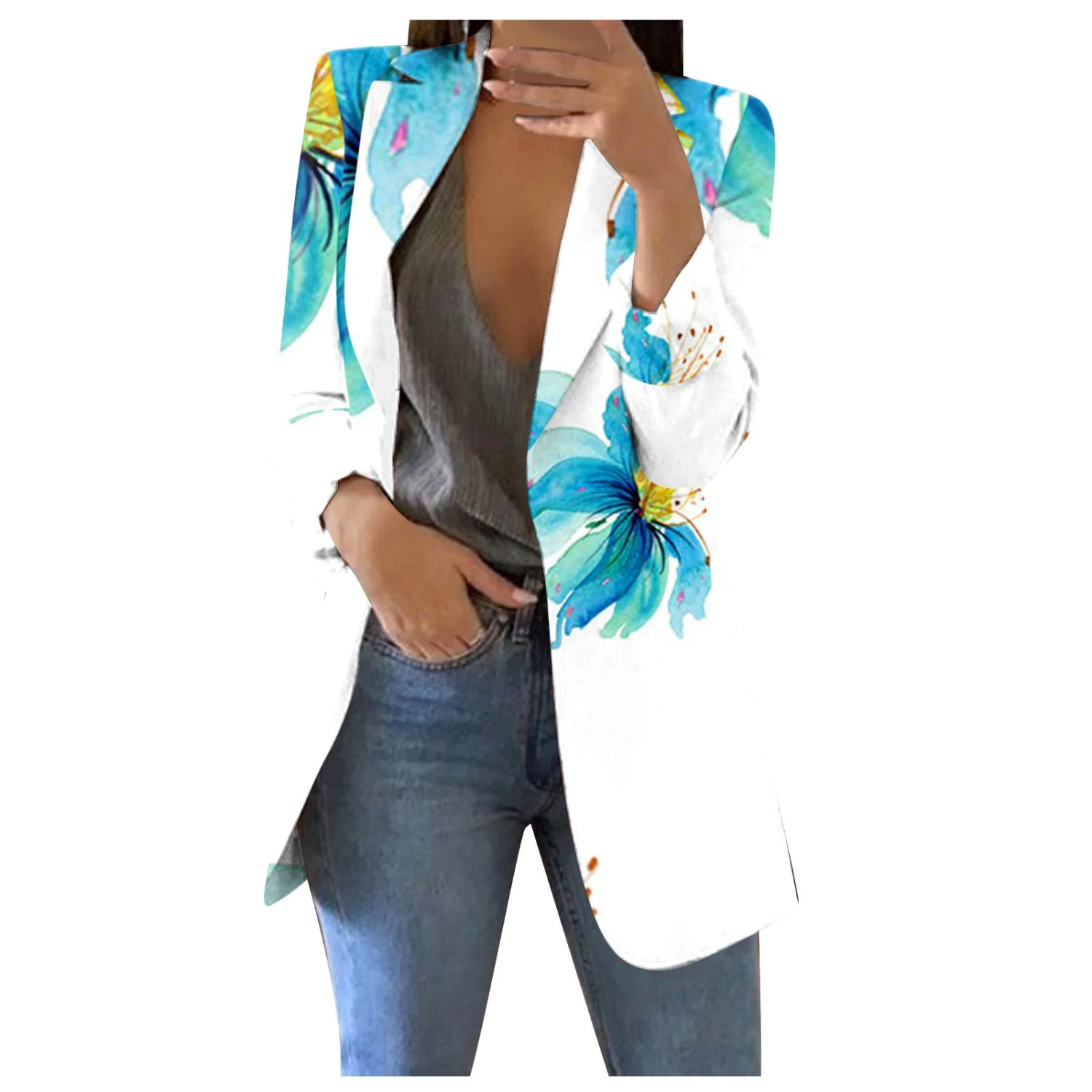 Damenblazer mit Blumenmuster, weiß, Reverskragen, schlanke Passform, modisch, elegant