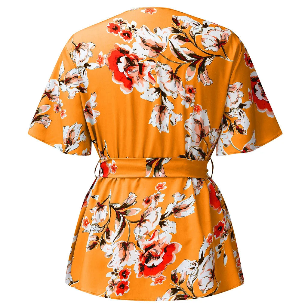 Orange Damenbluse mit Blumenmuster, Kurzarm, Gürtel, Sommermode, Baumwolle.