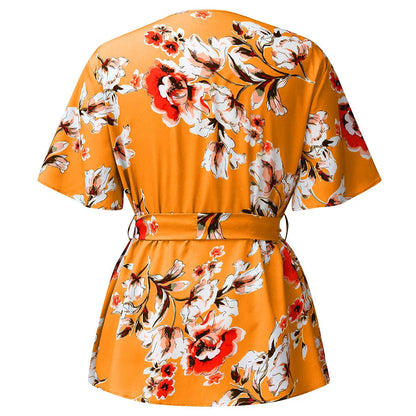 Orange Damenbluse mit Blumenmuster, Kurzarm, Gürtel, Sommermode, Baumwolle.