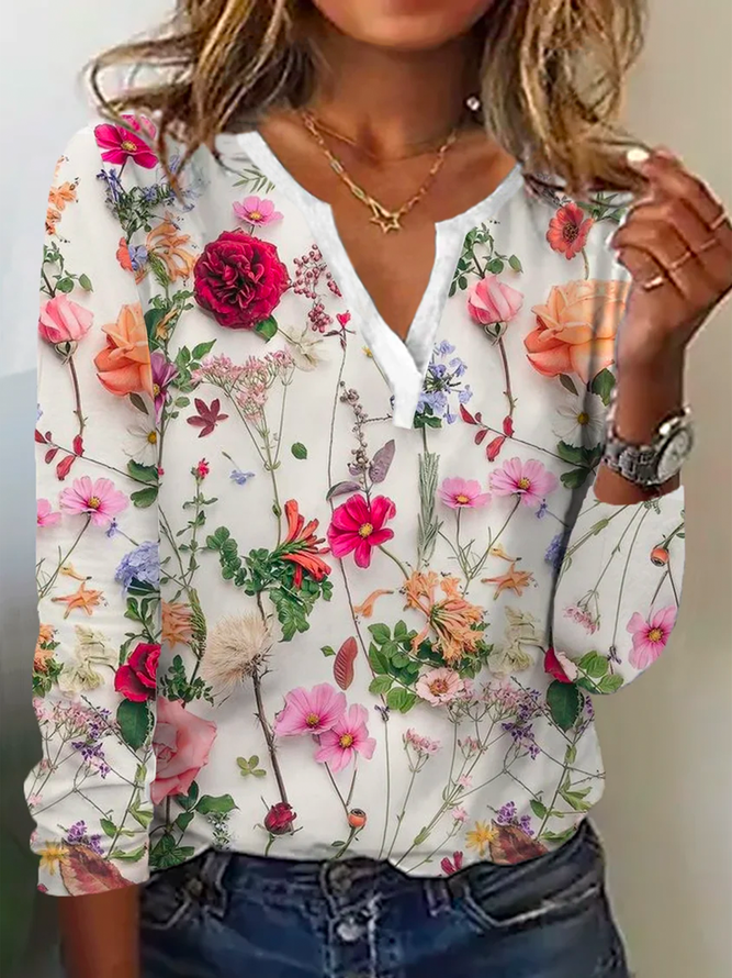 Damenbluse mit Blumenmuster, langärmelig, weiß, lässig, modisch, Frühling, Baumwolle.