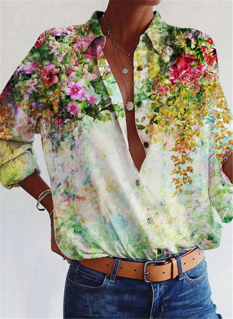 Damenbluse mit Blumenmuster, langärmlig, bunt, lässig, Baumwolle, V-Ausschnitt.