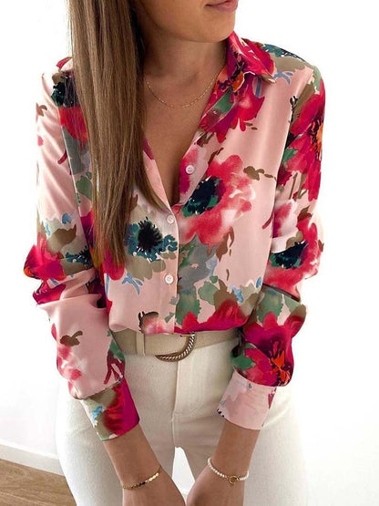 Damenbluse mit Blumenmuster, rosa, langärmelig, Knopfleiste, modisch, elegant, Freizeitkleidung.