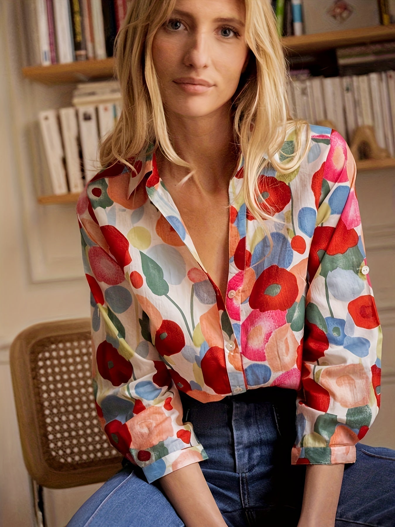 Frau in bunter Blumenbluse, sitzt auf Stuhl, modische Damenbekleidung, lässiger Stil.