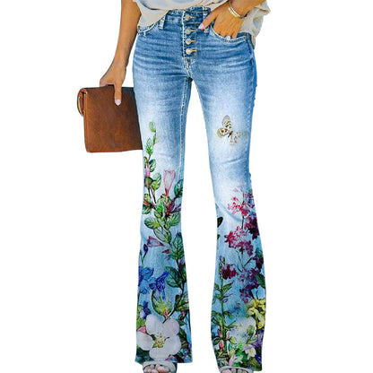 Damen-Jeans mit Blumenmuster, blau, ausgestellter Schnitt, modisch, lässig, Baumwolle.