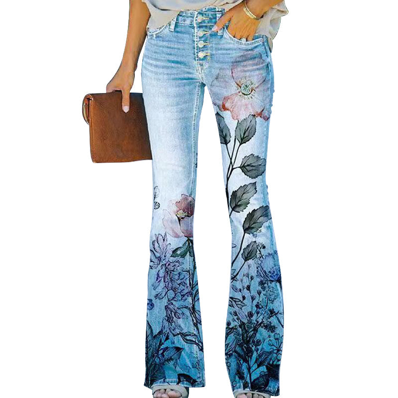 Damen-Jeans mit Blumenmuster, hellblau, Schlaghose, modisch, Freizeitkleidung, Baumwolle.