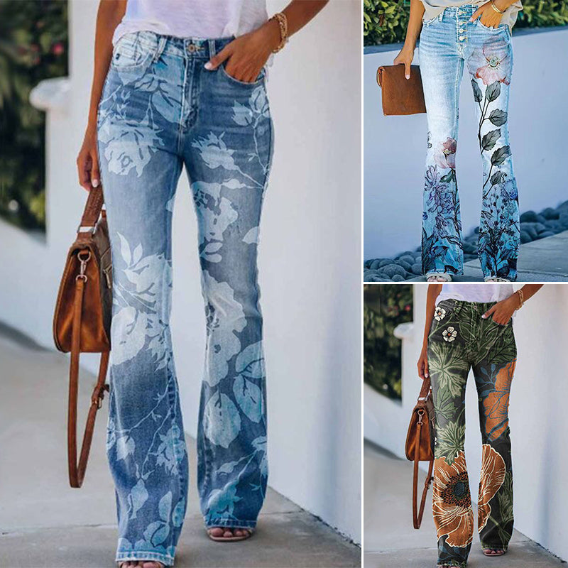 Damen-Jeans mit Blumenmuster, ausgestellter Schnitt, blau, modisch, lässig, Streetwear.