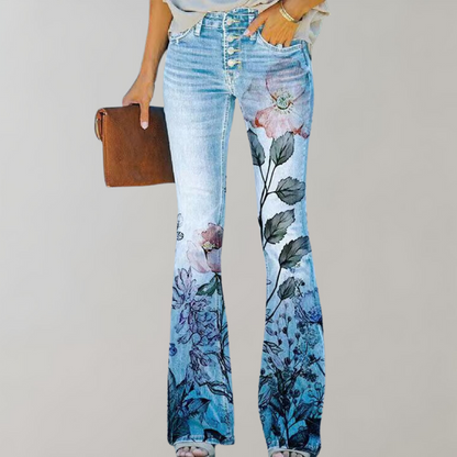 Damen-Jeans mit Blumenmuster, hellblau, ausgestellter Schnitt, Knopfleiste, modisch.
